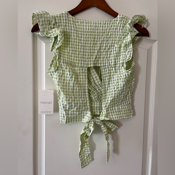 Meraki New Light Green & White Plaid Open Back Wrap Top Size XS - Picture 3 of 8